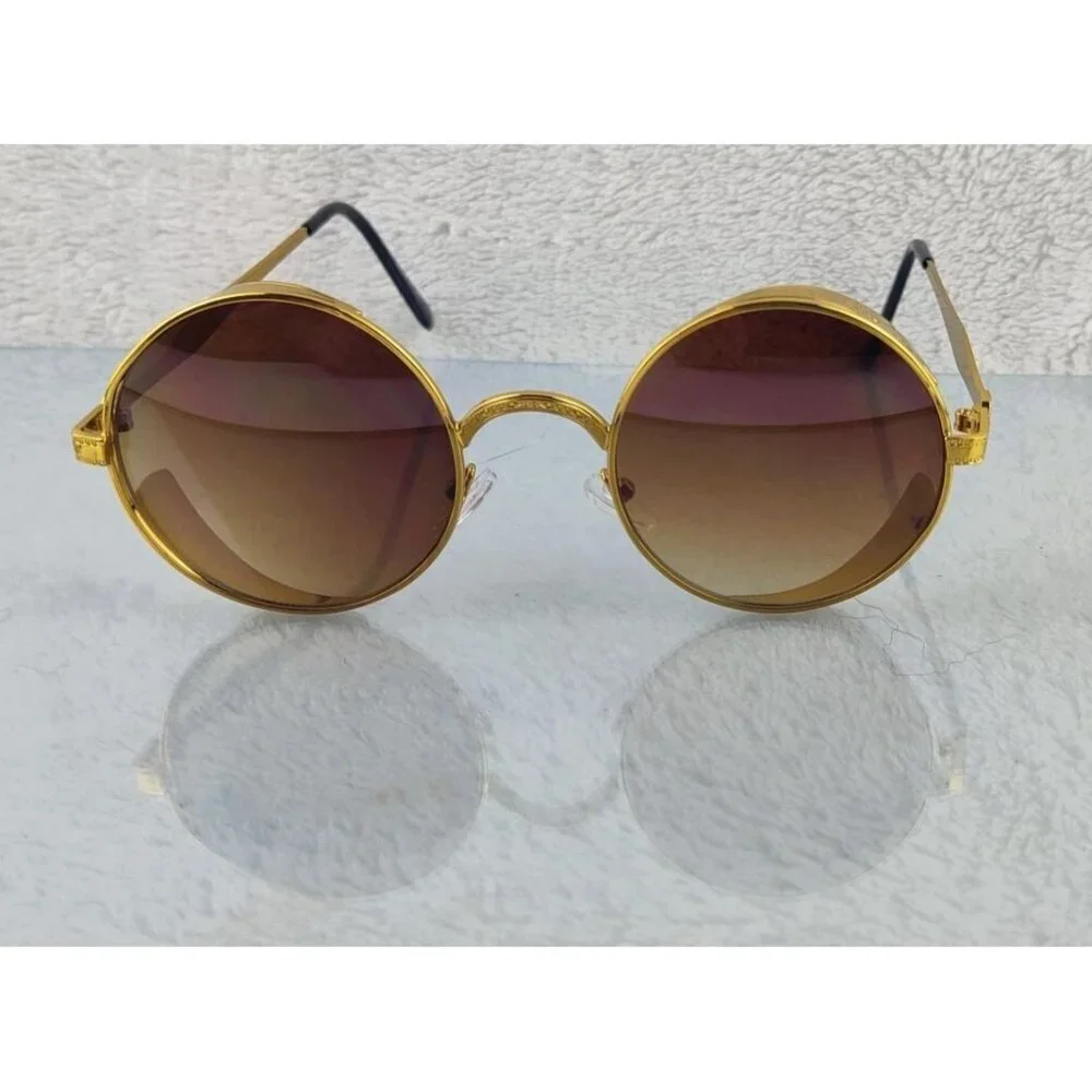 Sunglasses Round Metal Steampunk Gold Frame Brown Lens Diesel Punk Cosplay - Picture 6 of 11